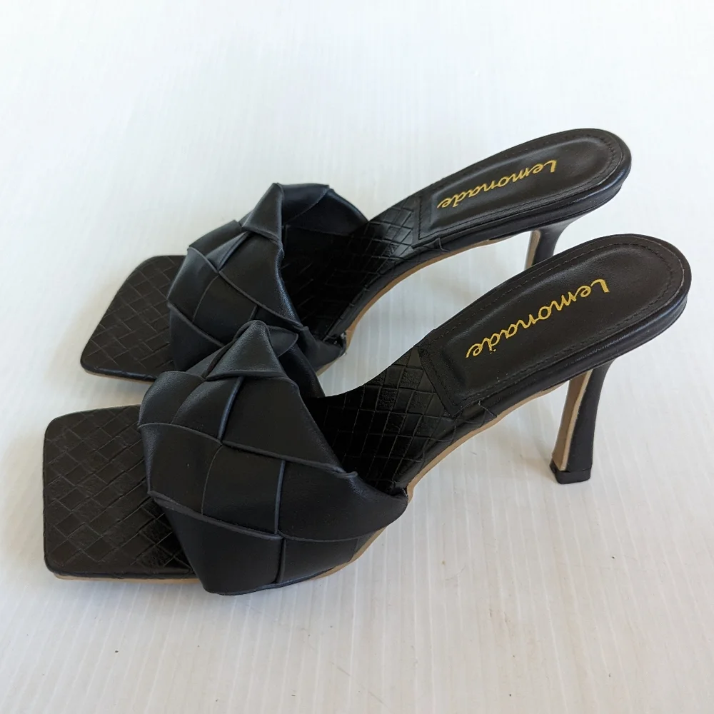 LEMONADE Turnitup black braided strap square toe stiletto heel sandals